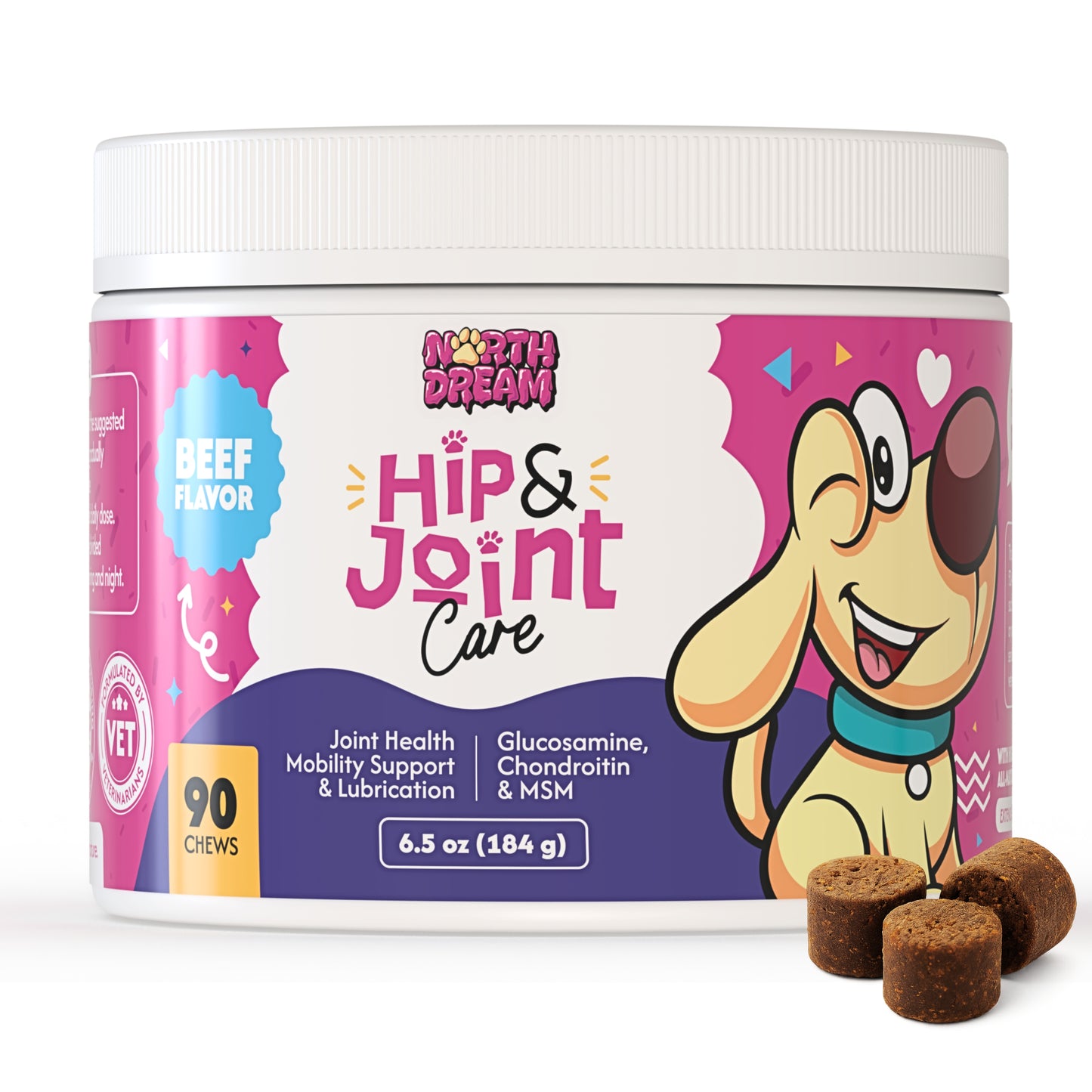 North Dream – Hip & Joint Care for Dogs (Beef Flavor) – 90 Soft Chews with Glucosamine, MSM, Turmeric & Chondroitin