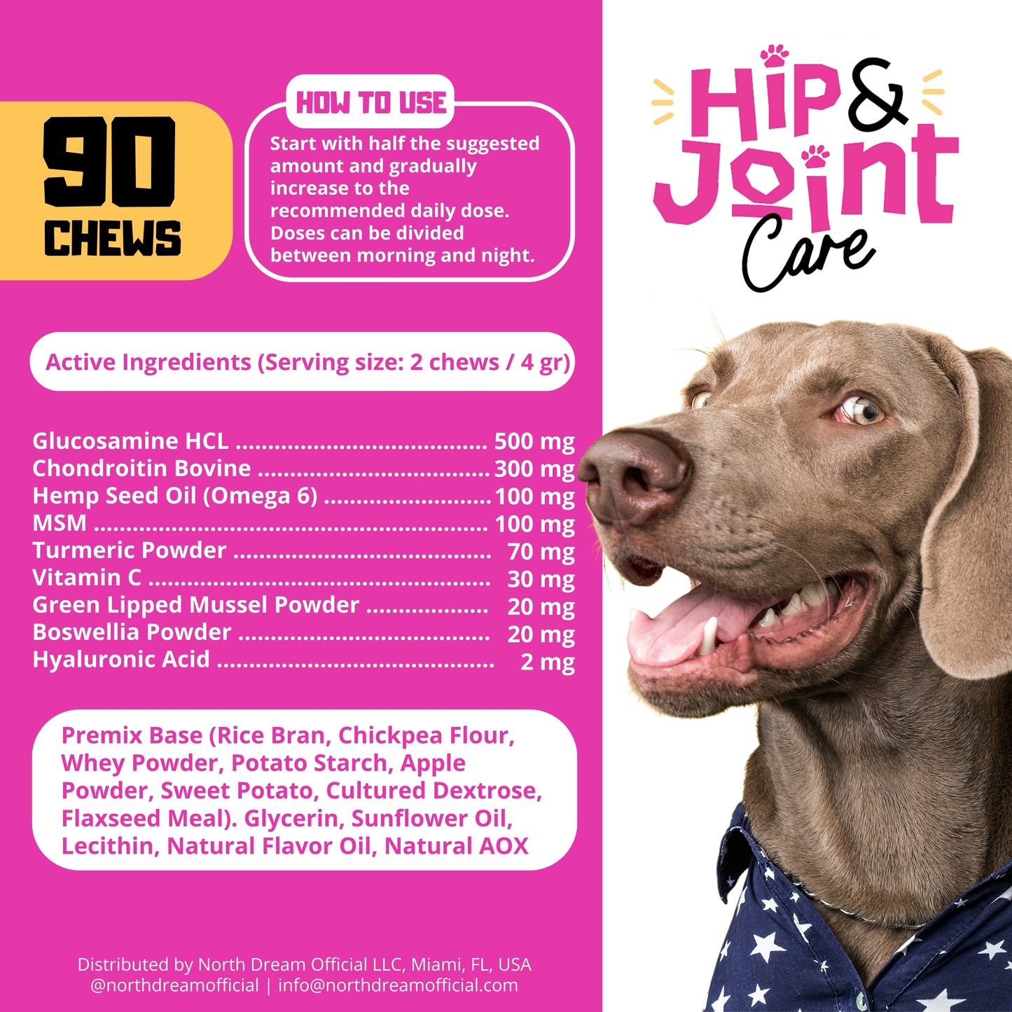 North Dream – Hip & Joint Care for Dogs (Beef Flavor) – 90 Soft Chews with Glucosamine, MSM, Turmeric & Chondroitin