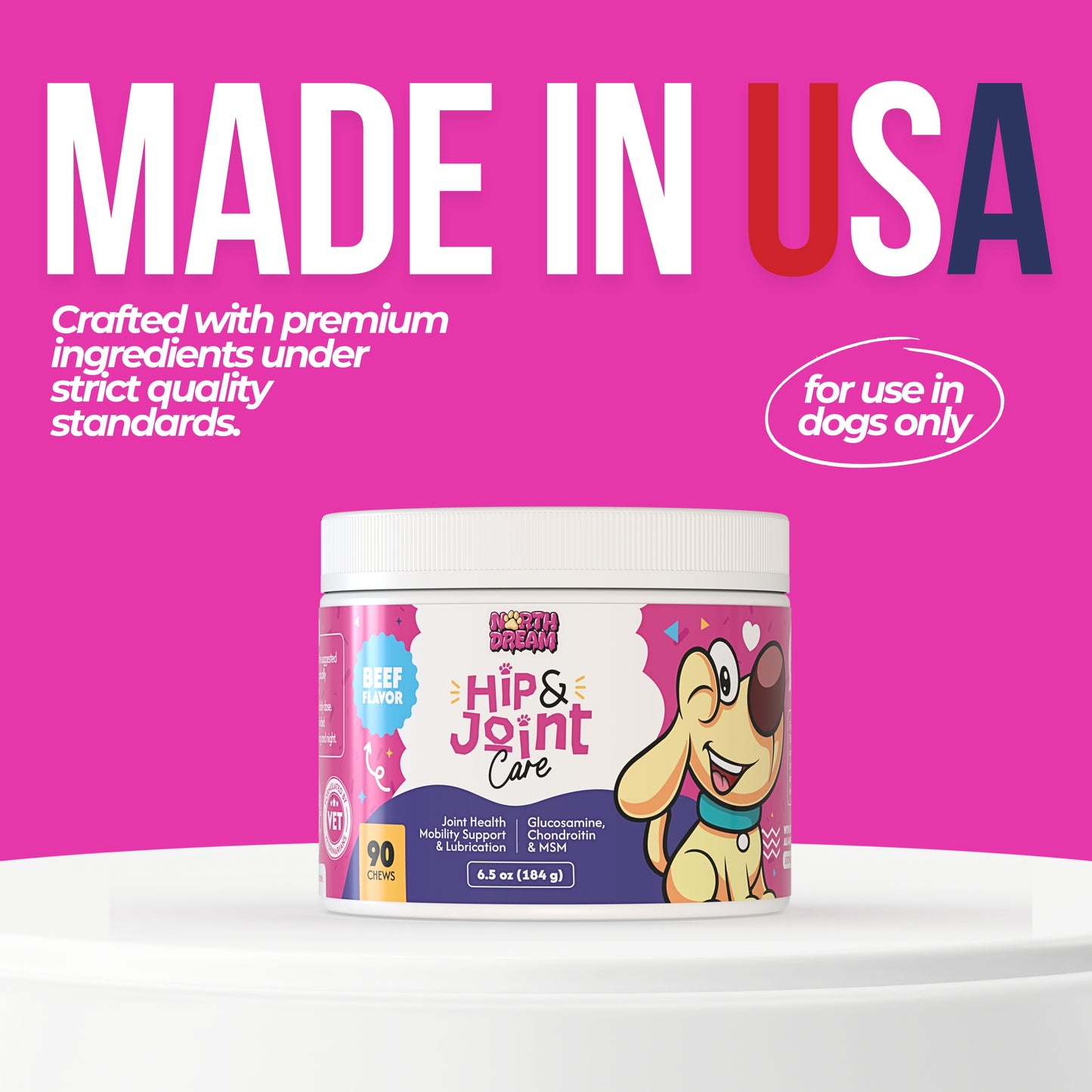 North Dream – Hip & Joint Care for Dogs (Beef Flavor) – 90 Soft Chews with Glucosamine, MSM, Turmeric & Chondroitin